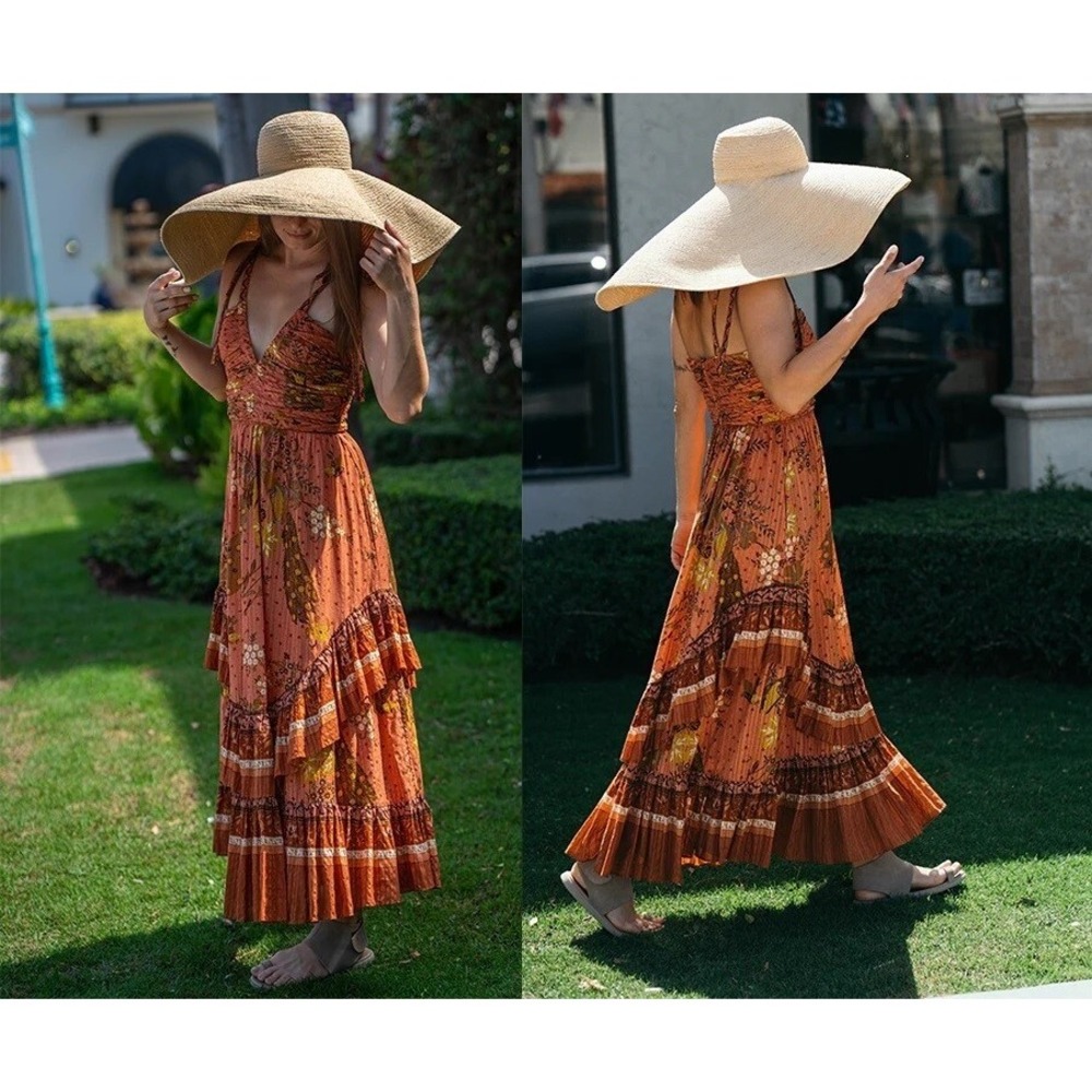 Ulla Johnson Meera Floral Ruffle Tie Strap Maxi Dress Cardinal Orange 0 $650